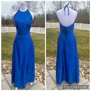Vintage y2k Gunne Sax mermaid blue 2 piece halter rhinestone maxi prom gown 9